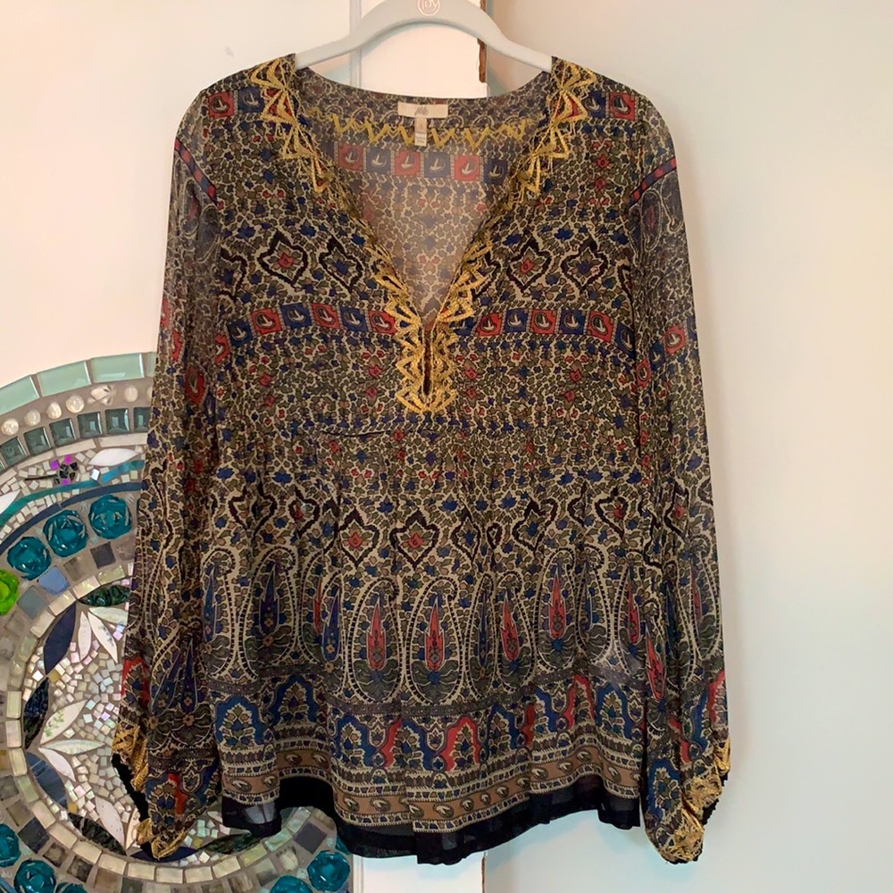 GUC Joie Gold Embroidered Silk Blouse Sz S